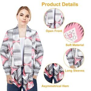 Women Open Front Cardigan Long Sleeve Shawl Neck Breathable